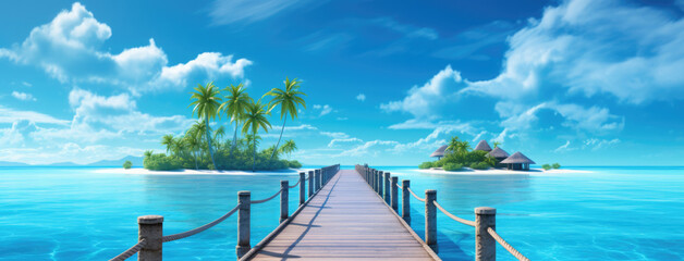 Wooden bridge coming from the sea directly onto a beautiful island with palm trees and white sand...