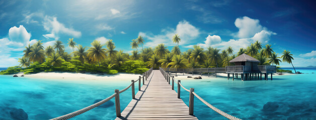 Wooden bridge coming from the sea directly onto a beautiful island with palm trees and white sand banner