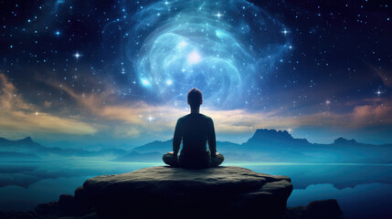 Silhouette of an enlightened man in lotus pose on a dais against a background of galactic stars, meditation