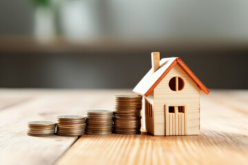 Home purchase and real estate investments. Stacks of coins with wooden house on the table - obrazy, fototapety, plakaty
