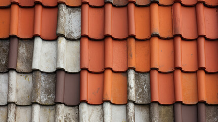 Close-up of overlapping roof tiles with varying degrees of aging