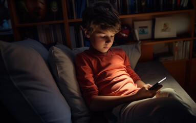Obraz premium A little boy of 12 in a dark room playing on his phone.
