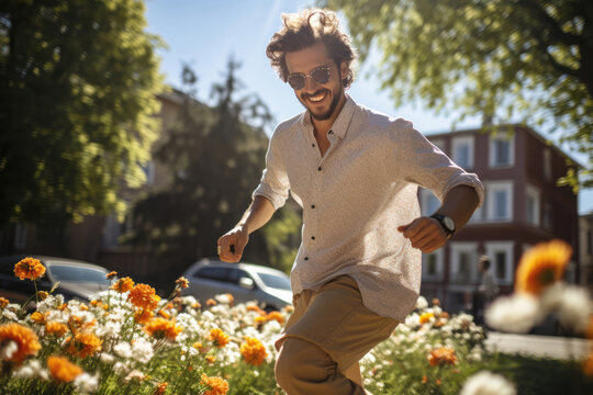 Happy young man dancing street dance shuffle