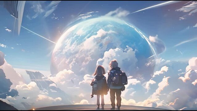 Anime couples looking at new near planet with covered by clouds. Outstanding planet live scene. Anime lofi fantasy nature live wallpaper. Seamless loopable 4k animation footage