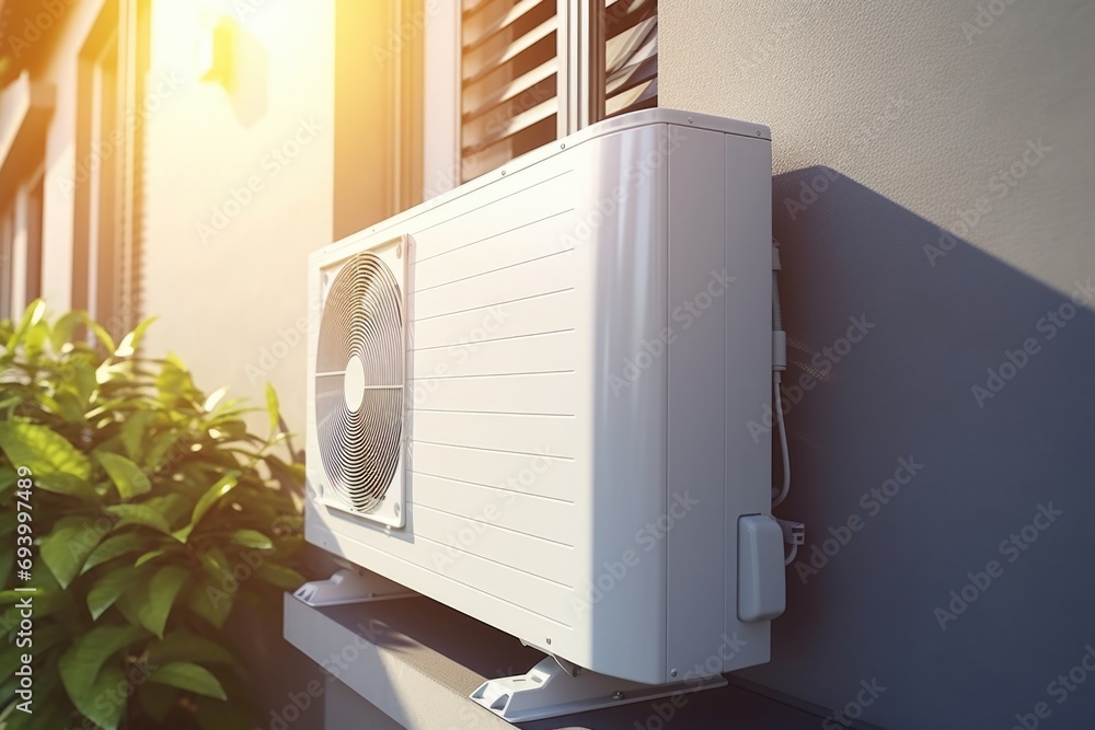 Poster a white air conditioner positioned on the side of a building. suitable for depicting urban environme