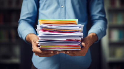 Close-up of a man holding a large stack of documents - obrazy, fototapety, plakaty