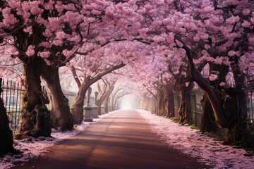 Road with blooming sakura or cherry trees