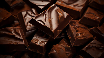 Horizontal image of chocolate as a background, can be used for
advertising or marketing of chocolate products,
culinary magazines or blogs,
any content related to chocolate or confectionery. - obrazy, fototapety, plakaty