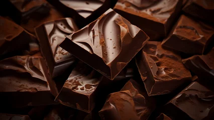 Foto op Plexiglas Horizontal image of chocolate as a background, can be used for advertising or marketing of chocolate products, culinary magazines or blogs, any content related to chocolate or confectionery. © Yevheniia