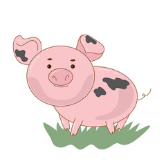 Cute  funny cartoon pig character, vector farm animal illustration for kids.