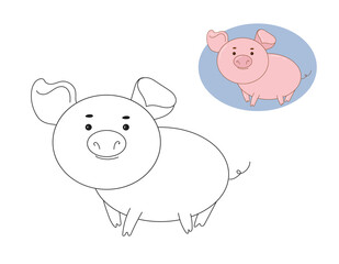 Coloring the Cute Cartoon Pig.Cute  funny cartoon farm pig character, vector farm animal illustration for kids.
