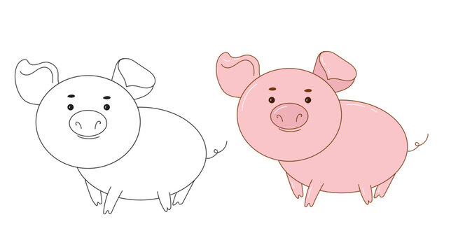 Coloring the Cute Cartoon Pig.Cute  funny cartoon farm pig character, vector farm animal illustration for kids.