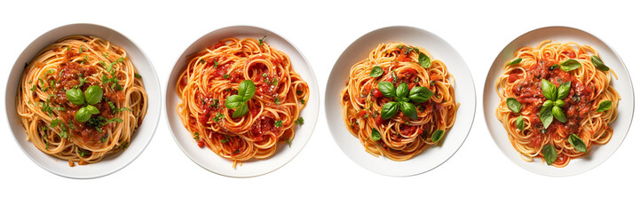 Set of pasta spaghetti on transparent background. Noodles with spicy sauce in plate isolated on white background. Classic italian cuisine dish. Generative AI - obrazy, fototapety, plakaty