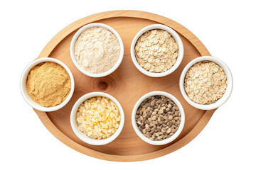 above view of multiple healthy oatmeal bowl with scatte