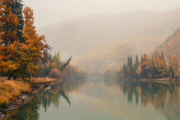 Quiet, calm autumn river. Beautiful misty mountain landscape with wide Argut river. Dark...