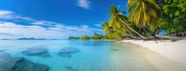 Beautiful panorama of the seashore with palm trees and blue sky