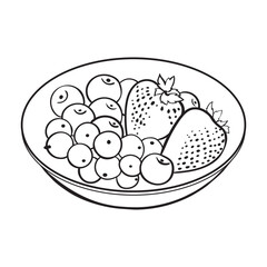 Blueberries and strawberries in a plate linear drawing. Berry breakfast icon. Healthy dessert.