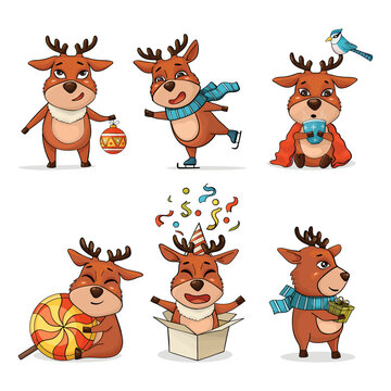 Adorable reindeer with a big nose in cartoon style. Set with smiling and playing deers. For cards and stickers for Merry Christmas and New Year