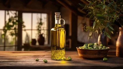 Fototapeten Olives and olive oil on rural rustic background. Generative AI © saicle