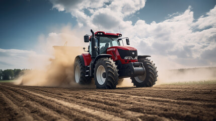 Tractor plowing a field, with dust being kicked up by the tires - obrazy, fototapety, plakaty