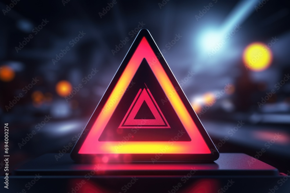Poster A triangle shaped neon sign sitting on top of a table. Perfect for adding a modern touch to any space