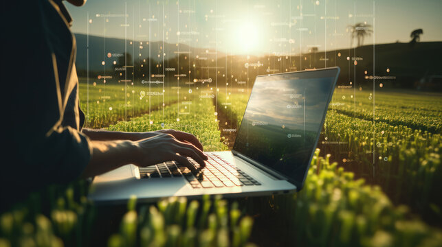 Person working on a laptop in an agricultural field at sunset, with a visual representation of data connectivity or innovation in farming technology overlayed on the image.
