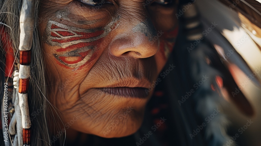 Poster a detailed close-up of a person with a painted face. this image can be used for various purposes