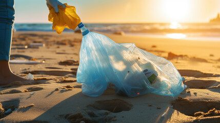 Person wearing gloves holding a bag filled with collected trash, participating in a beach cleanup