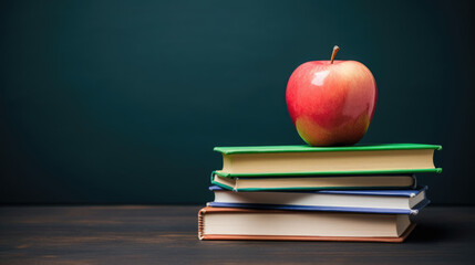 The apple is lying on the books against the backdrop of a school blackboard