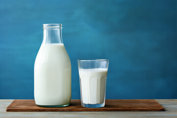 Bottle and glass of milk on wooden table over blue background.