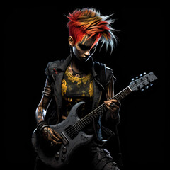 In a dystopian world where remnants of civilization crumble into a desolate wasteland, a fierce punk guitarist woman emerges as a beacon of strength, silhouetted against a black background