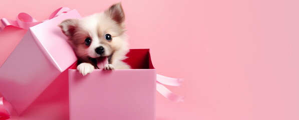 Cute happy puppy peeking out of a gift box on a pink background - obrazy, fototapety, plakaty
