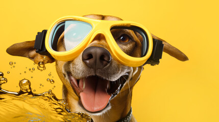 Cute dog wearing a swimming mask on a yellow background