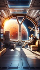 Fototapeta premium Relaxed astronaut experiencing a virtual reality simulation inside a spacious spaceship cabin