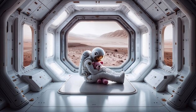 In a heartwarming setting, an astronaut embraces a soft toy while contemplating the martian vista