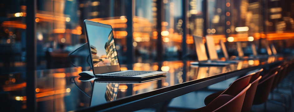 wide background image, view from side of office meeting table with exclusive chairs and shiny table top