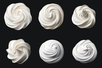 A variety of six different types of whipped cream arranged on a black background. Ideal for food and dessert related projects