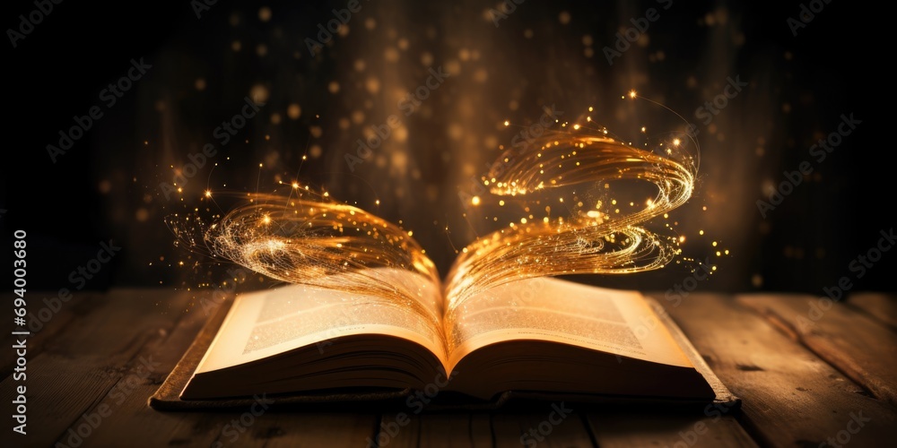 Aufkleber An open book on a wooden table with sparkling lights emanating from its pages. This image can be used to depict knowledge, enlightenment, or the magic of storytelling