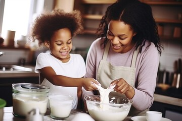 A woman and a little girl are seen mixing ingredients together in a kitchen. This image can be used to depict family bonding, cooking, and teaching children about food preparation