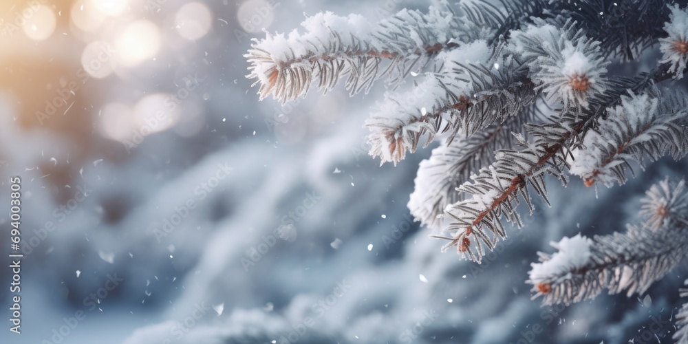 Poster a close-up view of a pine tree covered in snow. perfect for winter-themed designs and nature backgro