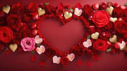Red roses and various heart-shaped decorations on a red background, symbolizing love and affection.