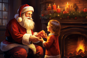 Santa Claus gives a gift to a child.