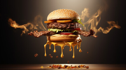 Levitation of a juicy tasty burger. - obrazy, fototapety, plakaty