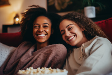 Affectionate lesbian lgbtq biracial couple sitting on the sofa in living room and watching movie