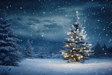 A beautifully lit up Christmas tree stands tall in the snowy landscape. Perfect for holiday-themed designs and winter celebrations