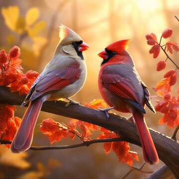 A crisp autumn morning reveals a striking image of a pair of cardinals perched on a gracefully arching tree branch.