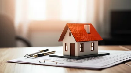 Foto op Aluminium Small model house on a table with real estate paperwork © MP Studio