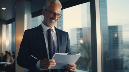 businessman with eyeglasses standing with clipboard and pen in hands and seriously reading details while standing in office in daylight against blurred background - obrazy, fototapety, plakaty