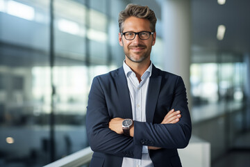 A business man standing with his arms crossed, wearing a blue shirt in a office setting with blurred background