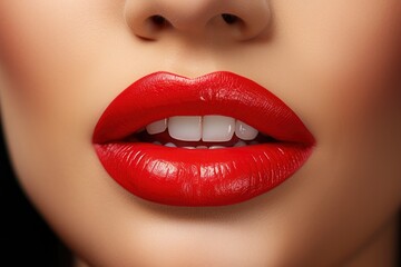 Fototapeta premium Close-Up of Woman's Lips with Bright Red Lipstick